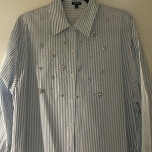 Lands' End Men's White and Blue Striped Shirt with Embellishments